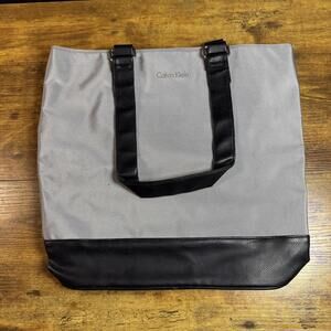 Calvin Klein Tote Bag Womens Gray Black Canvas Faux Leather Shoulder Work Travel